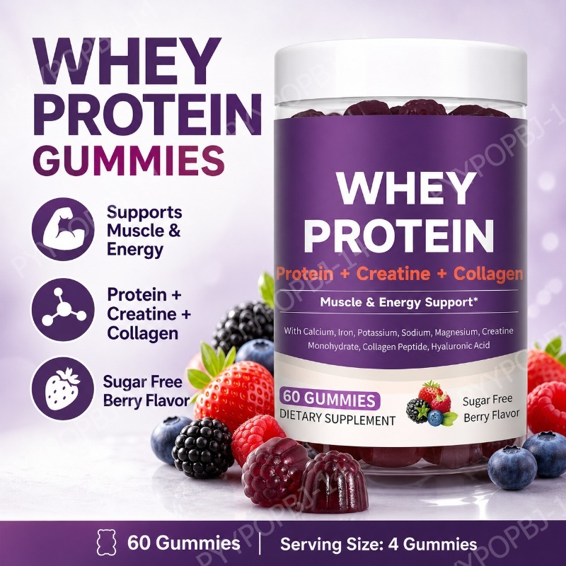 Fitness Nutrition Whey Protein - プロテイングミ（ホエイ、クレアチン、コラーゲン配合）12gプロテイン、筋肉サポート、エネルギー補給、砂糖不使用、フィットネスサプリメント、60粒入り